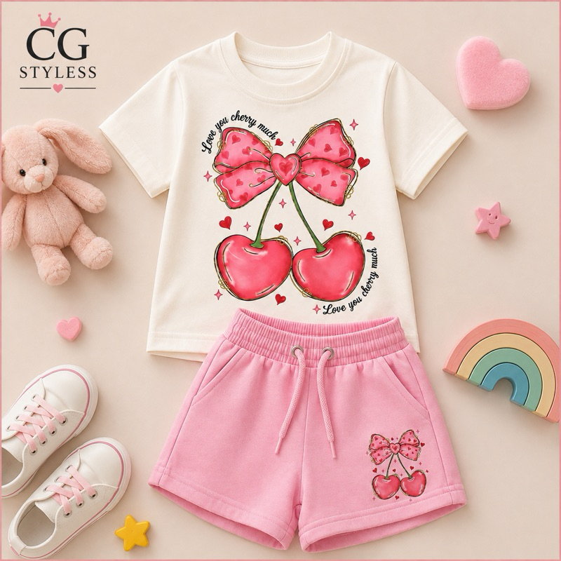 Conjunto Feminino Camiseta e Short Moletinho Cerejinhas Laço Rosa Menina Verão Casual Confortável Roupa Infantil