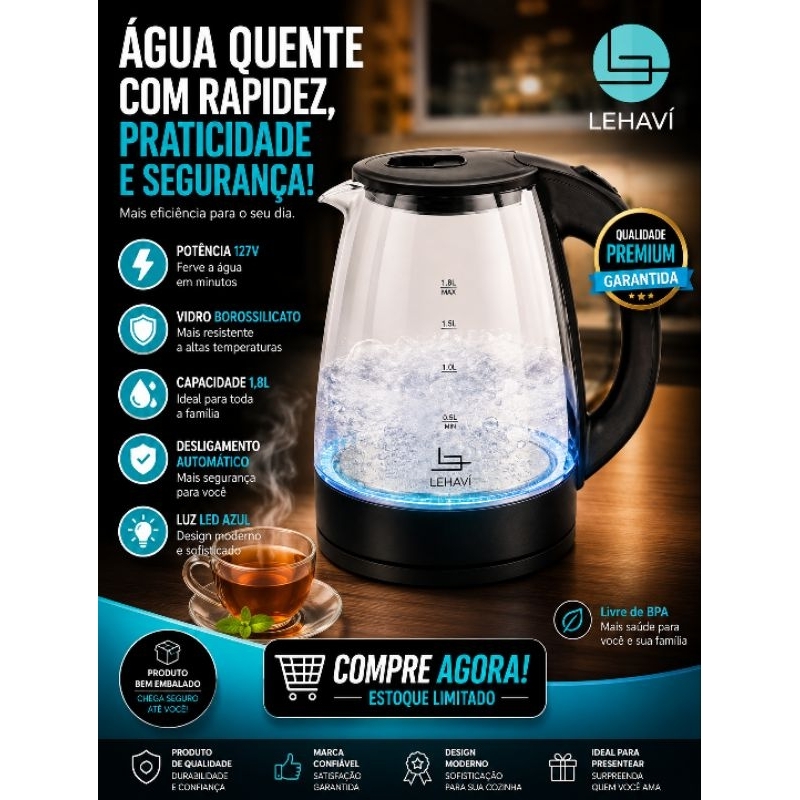 Chaleira Elétrica de Vidro 2L com Desligamento Automático Base Giratória