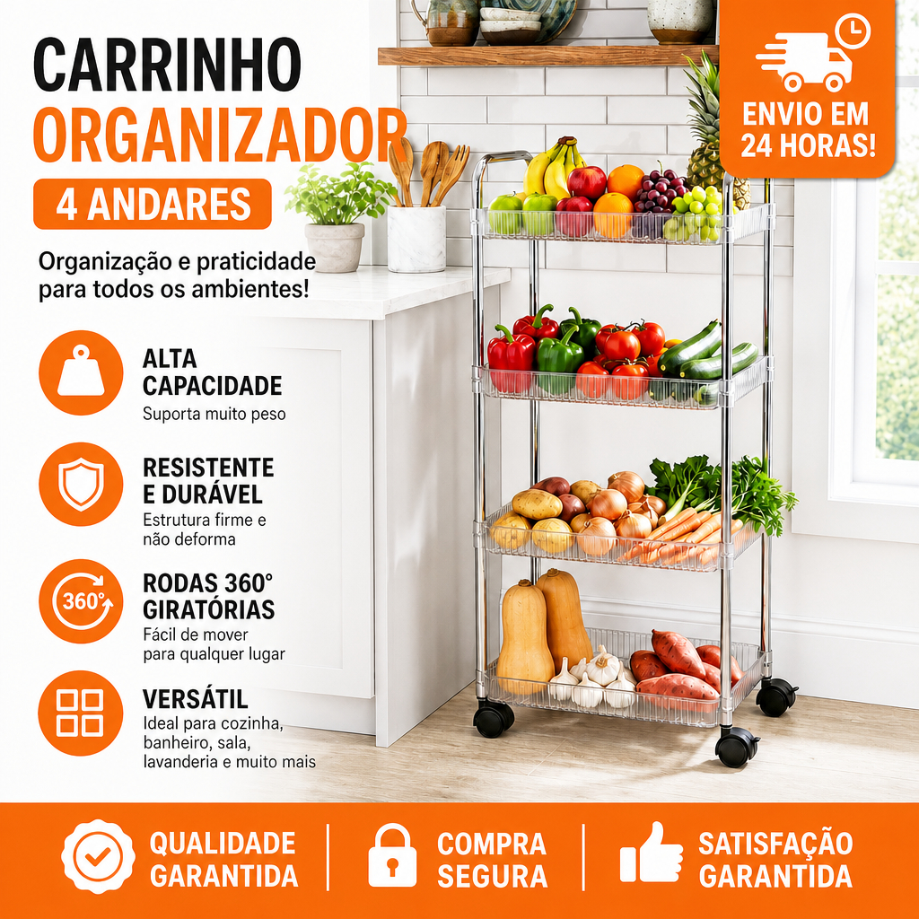 Prateleira Carrinho Organizador De Acrílico Multiuso 4 Andares Com Rodinhas Adequado Para Banheiro E Casa