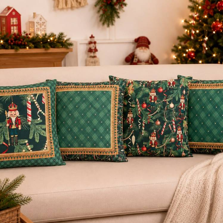 Kit 4 Capas de Almofada Natal 45x45 Decorativa Estampas Natalinas Zíper