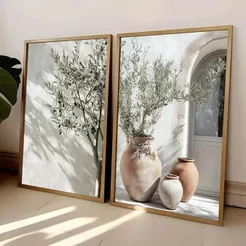 Kit 2 Quadros Decorativos com Moldura Decoração Parede Moderna para Sala e Quarto Oliveira e Vasos Mediterrâneos