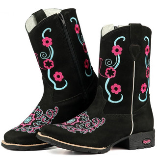 Bota Infantil Feminina Texana Country Couro Bordada Bico Quadrado