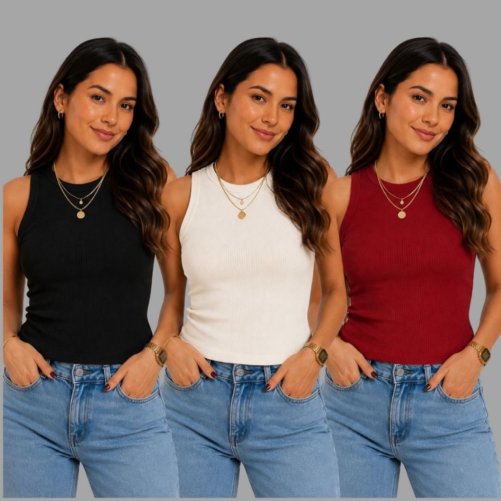 kit 3 Blusa regata Canelada Feminina Básica Premium Algodão com Elastano Casual lisa Confortavel