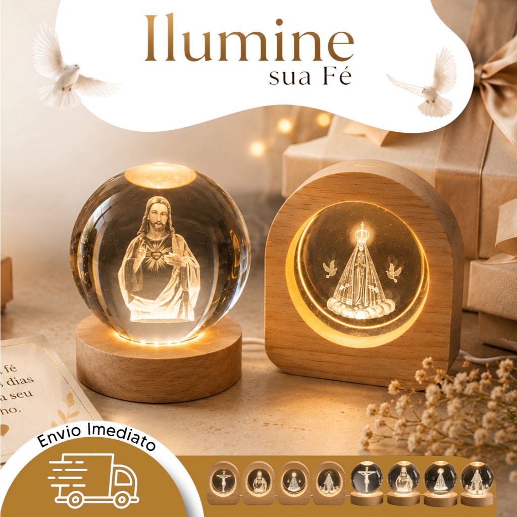 Luminária Bola Cristal Led Mesa Globo Vidro 3d Madeira Decoração Abajur Presente Religiosa Jesus Nossa Senhora Aparecida