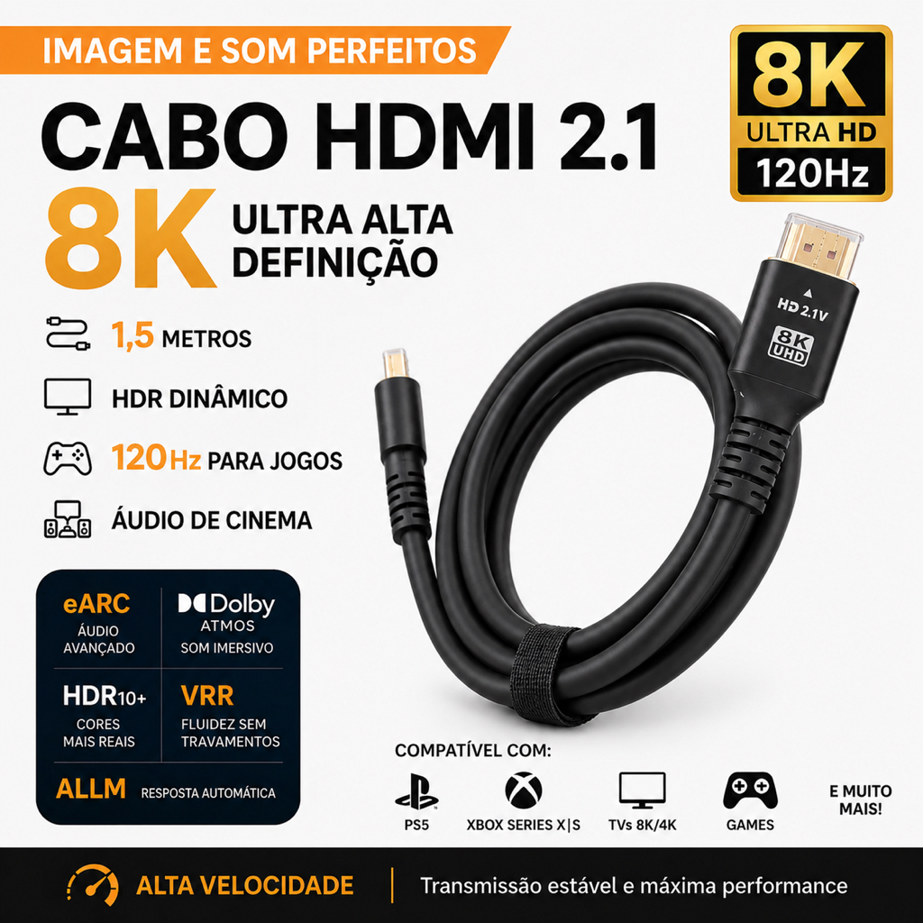 Cabo HDMI 2.1 1,5m 8K 120Hz Malha Trançada Conector Dourado eARC Dolby Atmos HDR10+ VRR ALLM PS5 Xbox Alta Velocidade