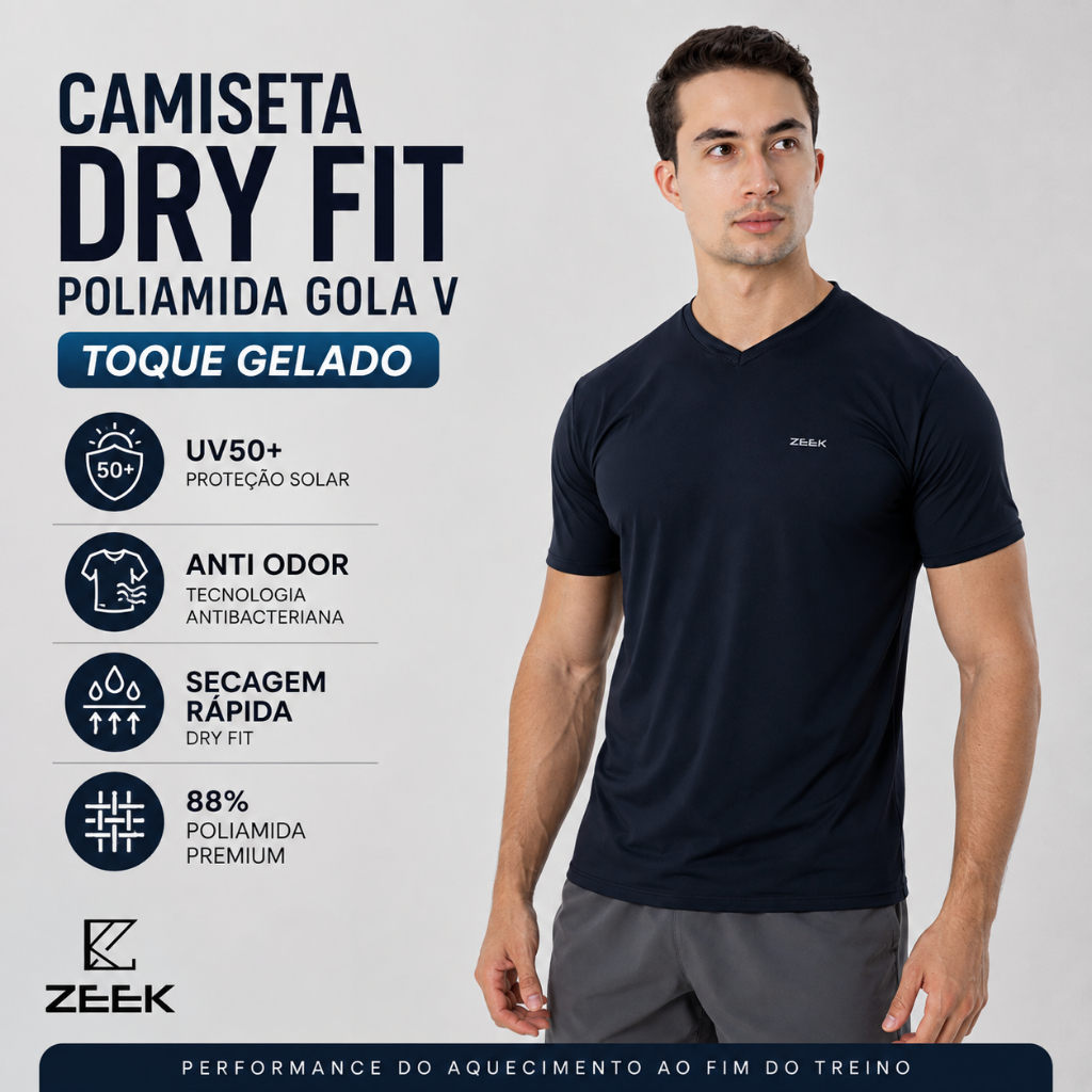 Camiseta Masculina Dry Fit Poliamida Gola V UV50+ Toque Gelado Academia Corrida Secagem Rápida