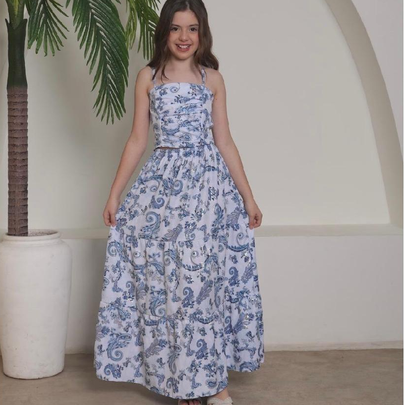 Conjunto Juvenil Feminino Cropped e Saia Longa Estampada com Amarração nas Costas | Tamanhos 08 ao 16