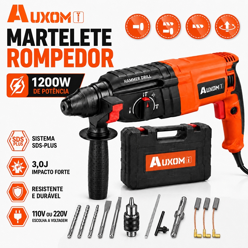 AUXOM Martelete Rompedor de Impacto 1200W 5kg Profissional com Maleta e Acessóri