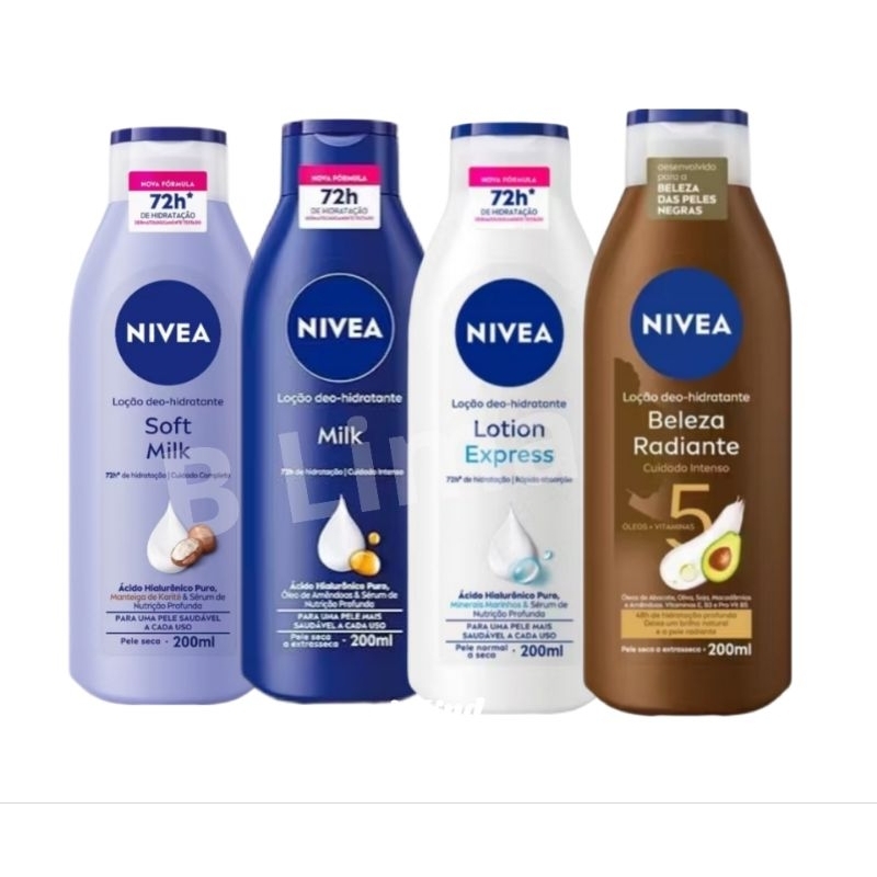 Quatro frascos de loção hidratante Nivea de 200ml cada, sendo um Soft Milk, um Milk, um Lotion Express e um Beleza Radiante, dispostos lado a lado em fundo branco.
