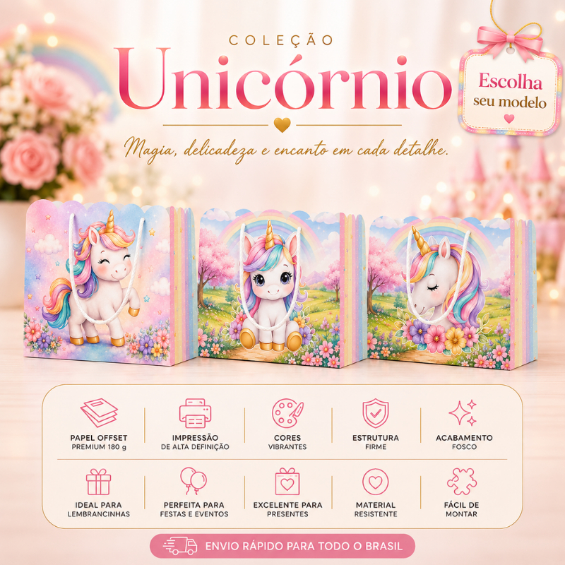 ENVIO RÁPIDO - Sacolinha Personalizada Unicórnio | Sacolinha Personalizada Festa Unicórnio | Lembrancinha Aniversário