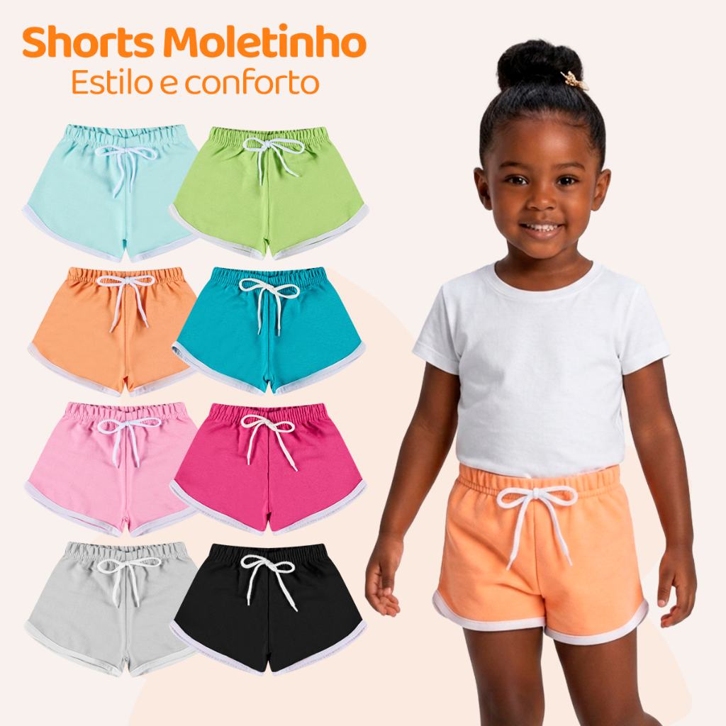 Kit 3 Shorts Infantil Menina Blogueira Moletinho 100% Algodão - Bermuda com Friso Contrastante - Kit Sortido 3 Bermudas