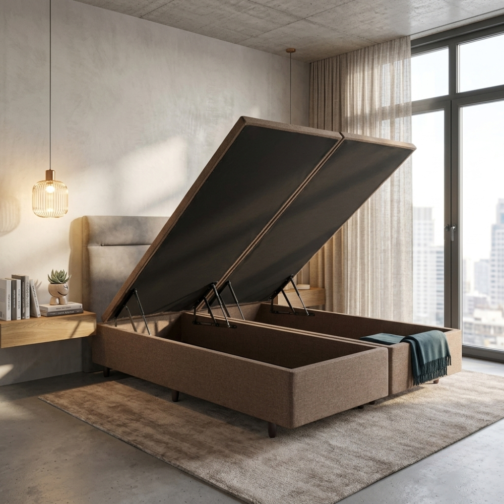 Cama Box Baú Queen 158x198cm Linho Marrom com Pistão a Gás