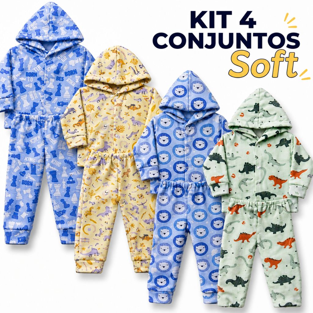 Kit 4 Conjuntos Menino Soft Peluciado Infantil Bebê Frio Masculino Estampado Inverno Agasalho Quentinho