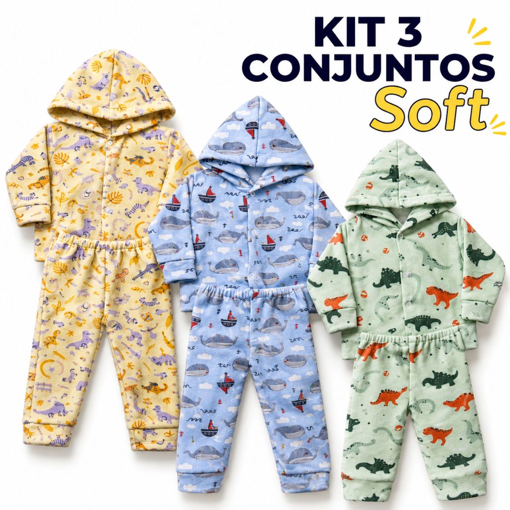Kit 3 Conjuntos Soft Estampado Menino Infantil Bebê Frio Menino Inverno Peluciado Quentinho Agasalho Estampas Diversas