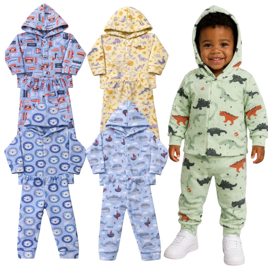 Kit 2 Conjuntos Soft Estampado Menino Infantil Bebê Frio Menino Inverno Peluciado Quentinho Agasalho Estampas Diversas