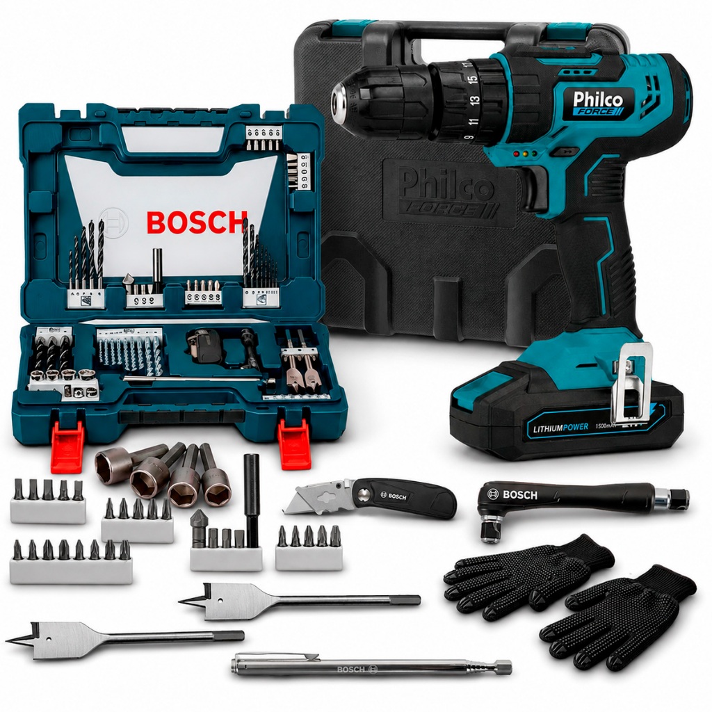 Kit Parafusadeira Philco Led Ppf21m 1500mAh 21 Torques Fenda E Philips + Conjunto 68 Pçs Ferramentas