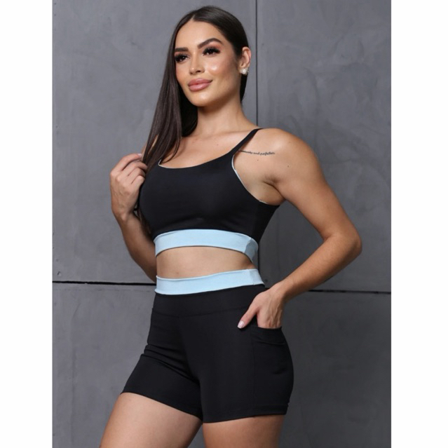 Conjunto Academia Feminino Com Bolso Suplex com detalhe Bicolor Zero Transparência