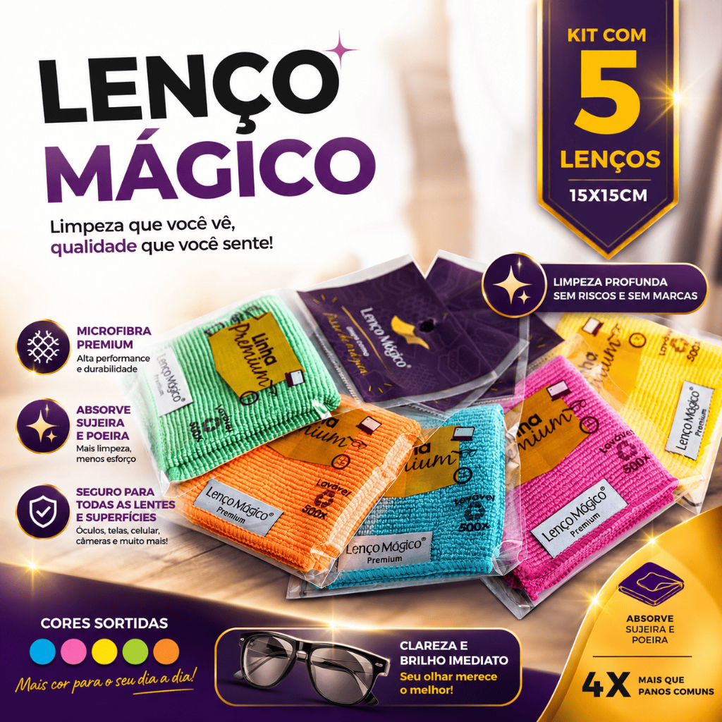Kit 5 Lenços Limpa Óculos Microfibra 15x15 Limpeza de Óculos Celular Notebook, Display Automotivo, Tela Câmera
