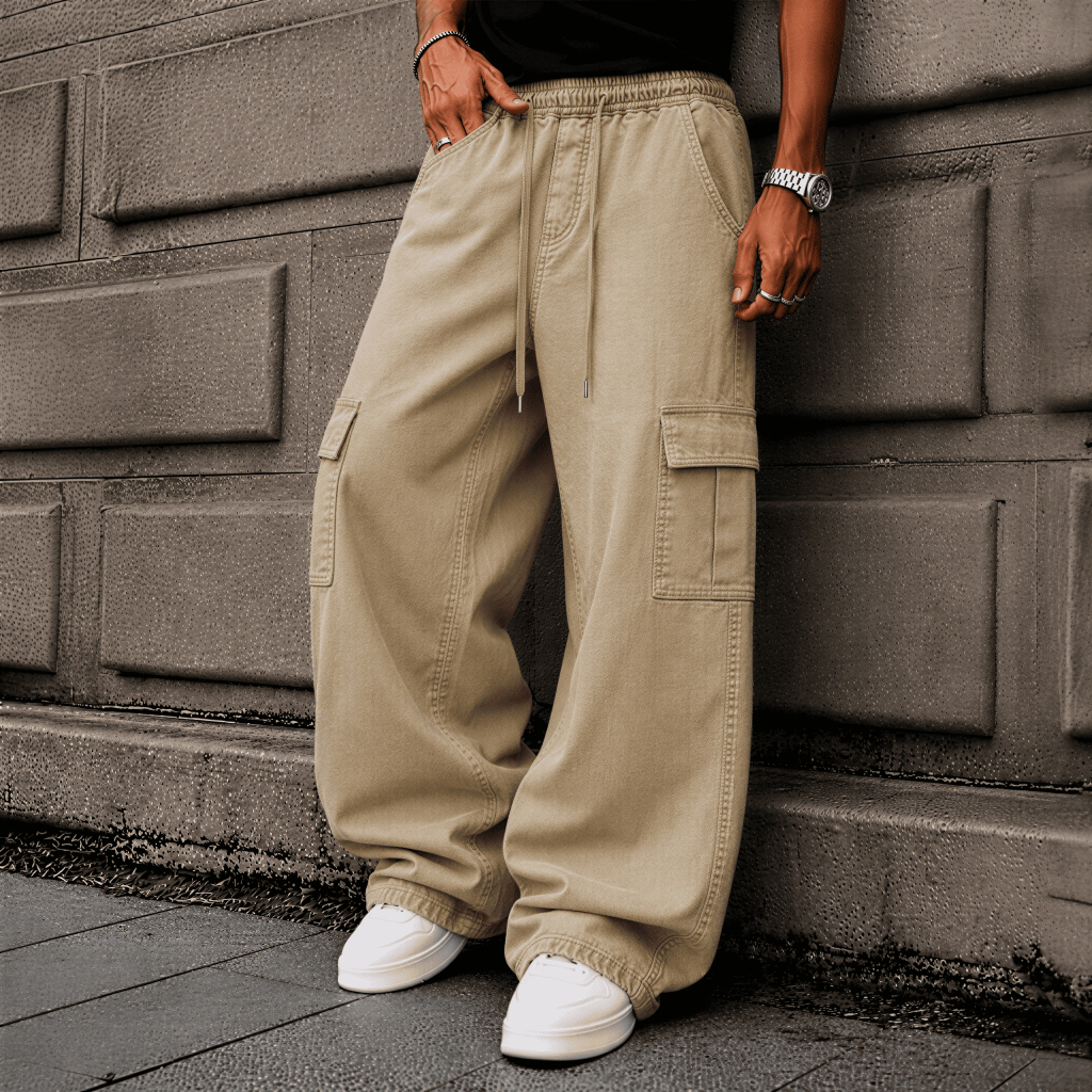 Calça Cargo Jeans e Sarja Larga Masculina Unissex Skate Caqui 6 Bolsos Cordão Ajustável Casual Streetwear Premium