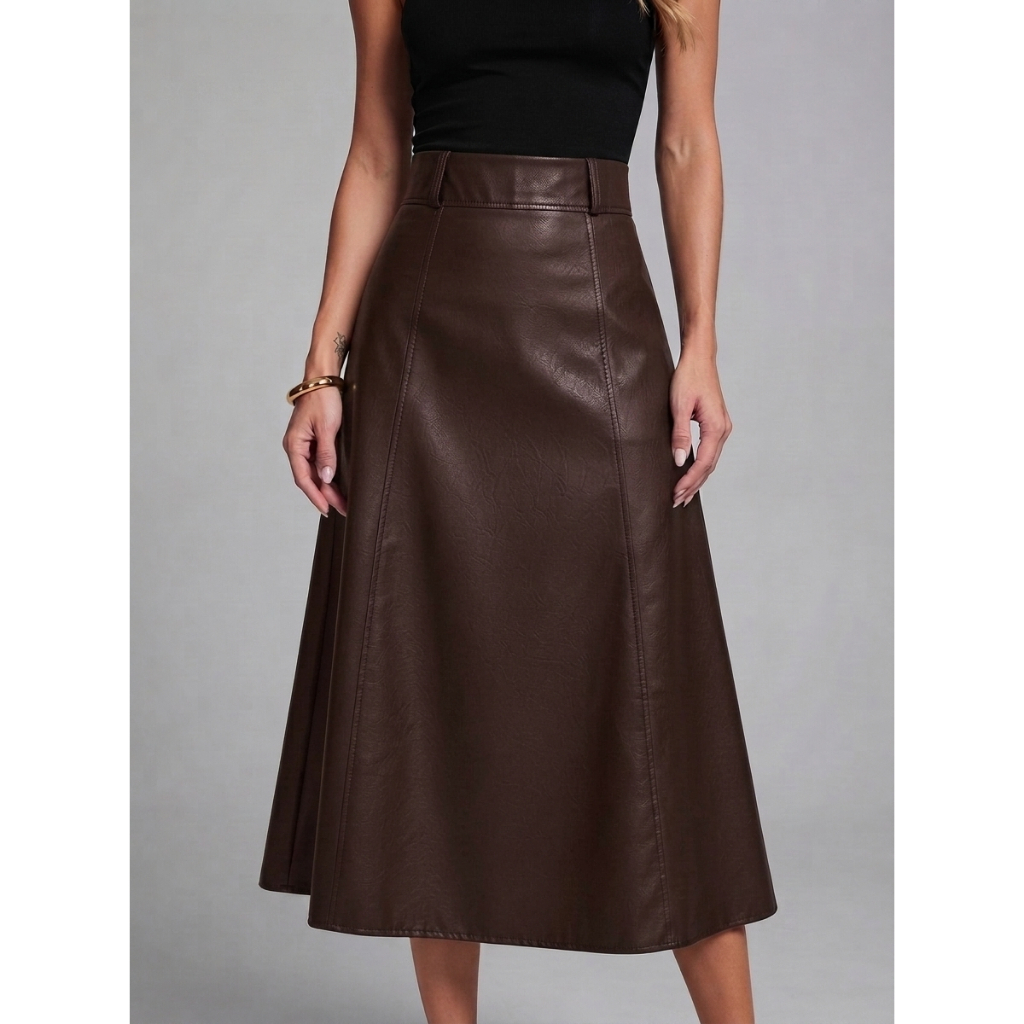 Saia Midi Feminina em Couro PU Premium Cintura Alta com Elastano e Zíper Lateral
