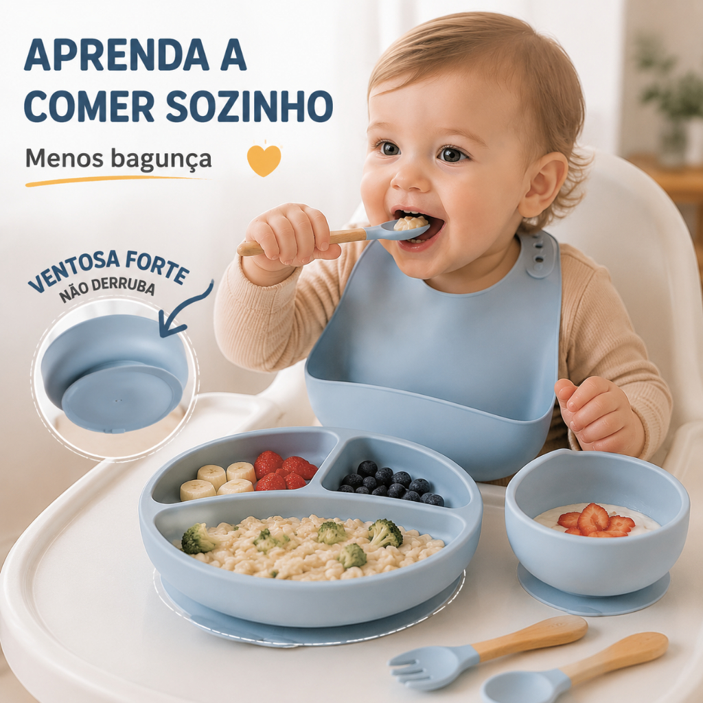 Kit BLW Bebê Silicone com Ventosa Prato Tigela e Talheres para Alimentação Independente e Aprender a Comer Sozinho