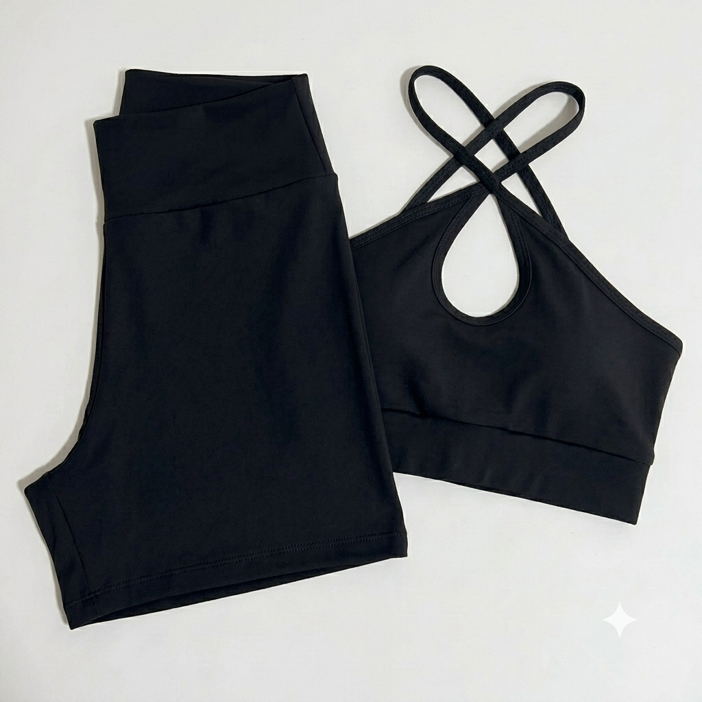 Conjunto de Top e Short Academia Feminino Liso com Bojo Removível Suplex Premium Moda Fitness