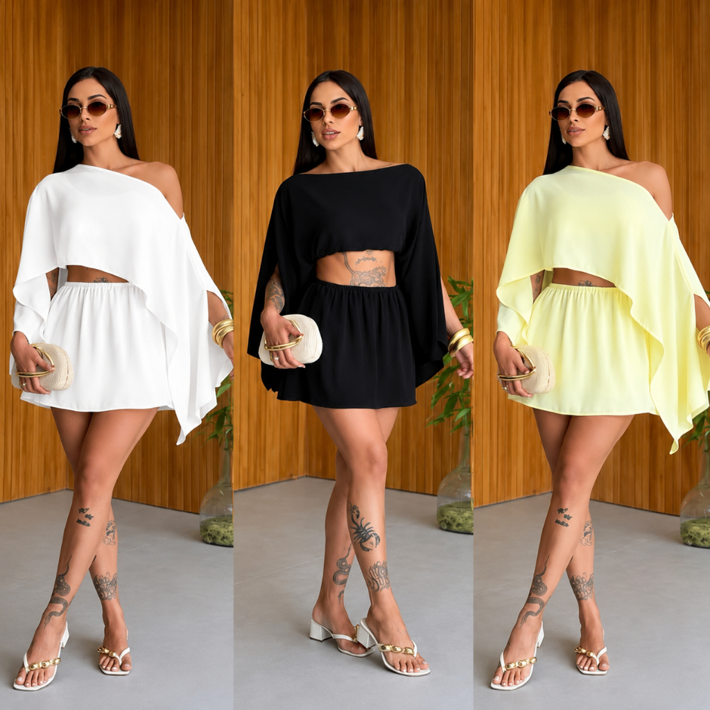 Conjunto Feminino 3 Peças Short Saia Blusa Capa no Tecido Duna | Elegante, Moderno e Casual.