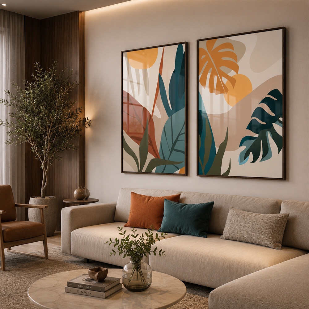 Quadro Decorativo Folhagens Tropicais Abstratas Com Moldura