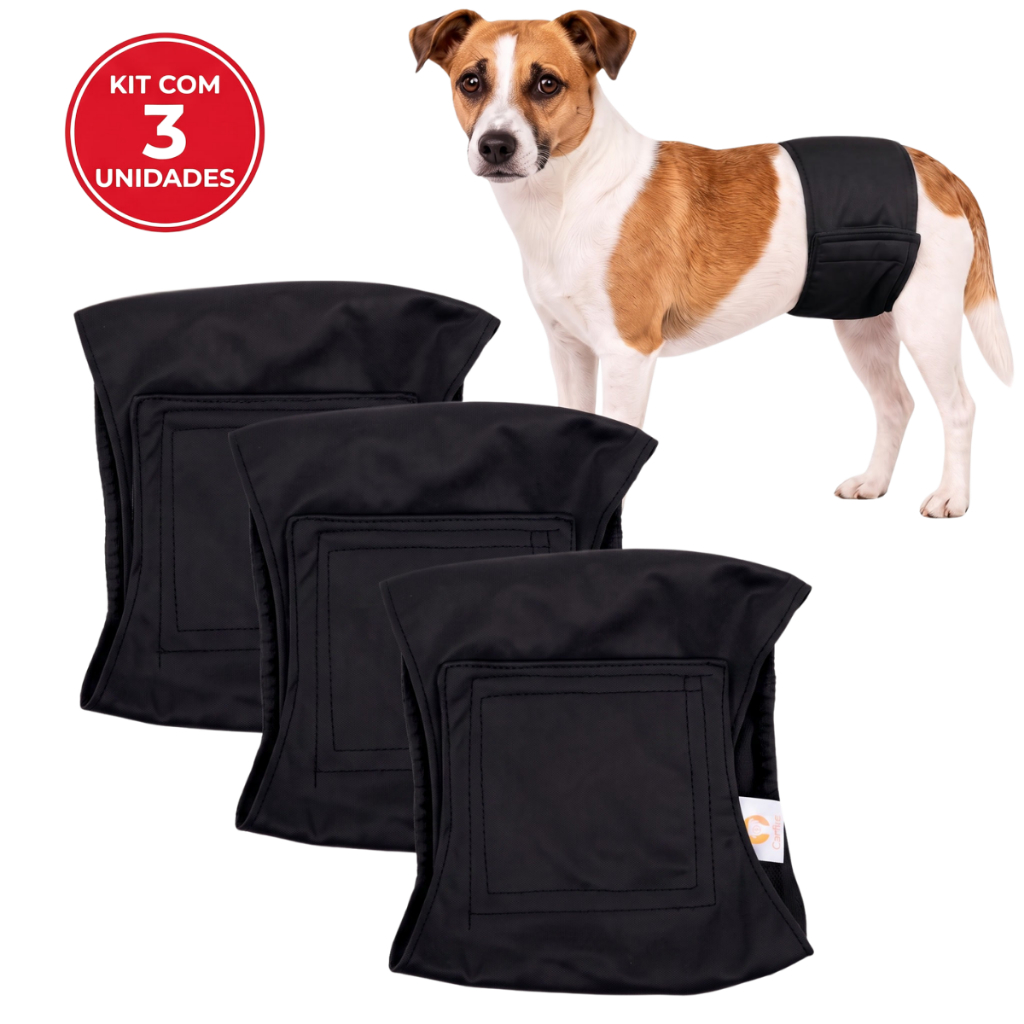 Kit 3 Fraldas Higiênicas Reutilizáveis Cachorro Macho Laváveis Pretas Duráveis Petting Is Caring