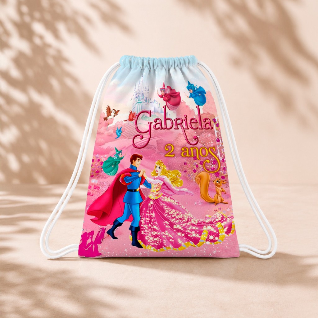 10 Mochila Personalizada Infantil 18x26 Sacolinhas Surpresa Festa Aniversário Lembrancinha Aurora Bela Adormecida M3