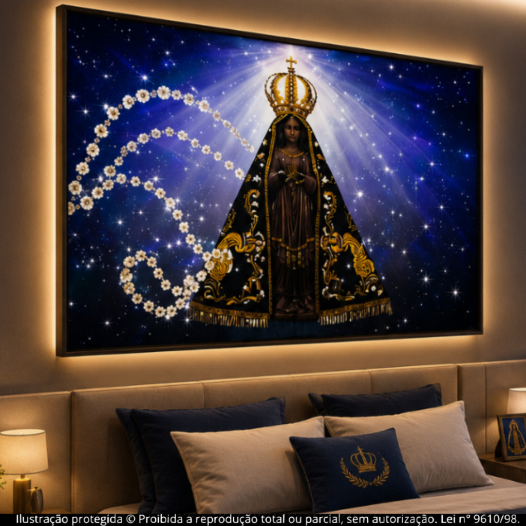 Placa Quadro Decorativo Nossa Senhora Aparecida Religioso Católico Com Rosário Céu Estrelado