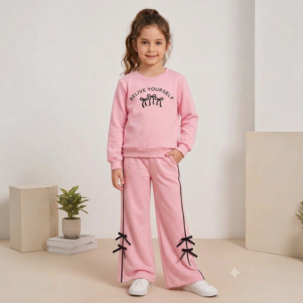 Conjunto Infantil Menina Casaco Peluciado e Calça com Laços Estilosos Moletom - Tamanhos  2 ao 10