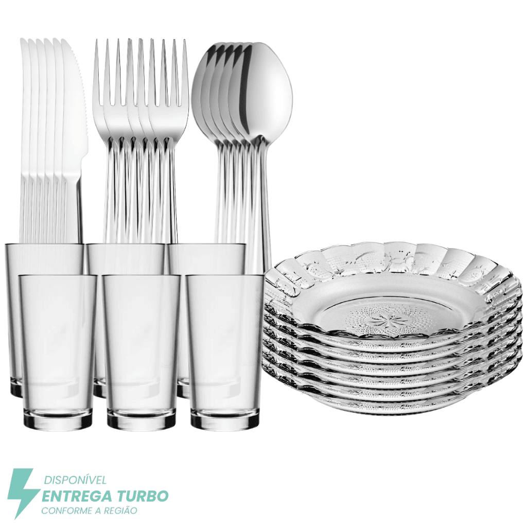 Aparelho de Jantar Completo 30 Peças - Pratos, Copos e Talheres Inox Vidro Resistente