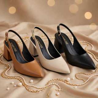 Sapato Scarpin Slingback Feminino Salto Bloco Medio 6cm Salto Grosso Tira Traseira Fivela Confortavel Trabalho Casual