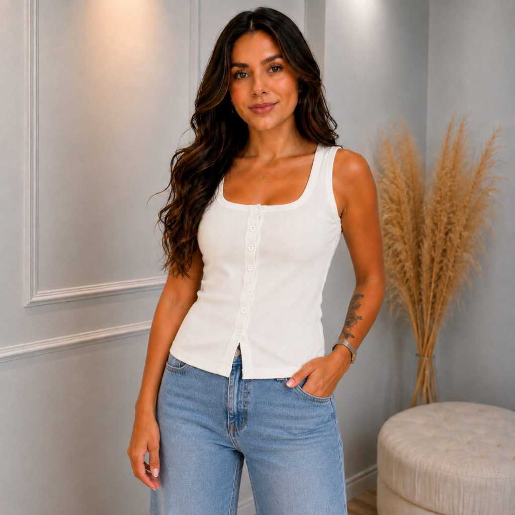 Blusa Feminina Regata Colete Botões Funcionais Ribana Algodão Look Moderno Casual Elegante
