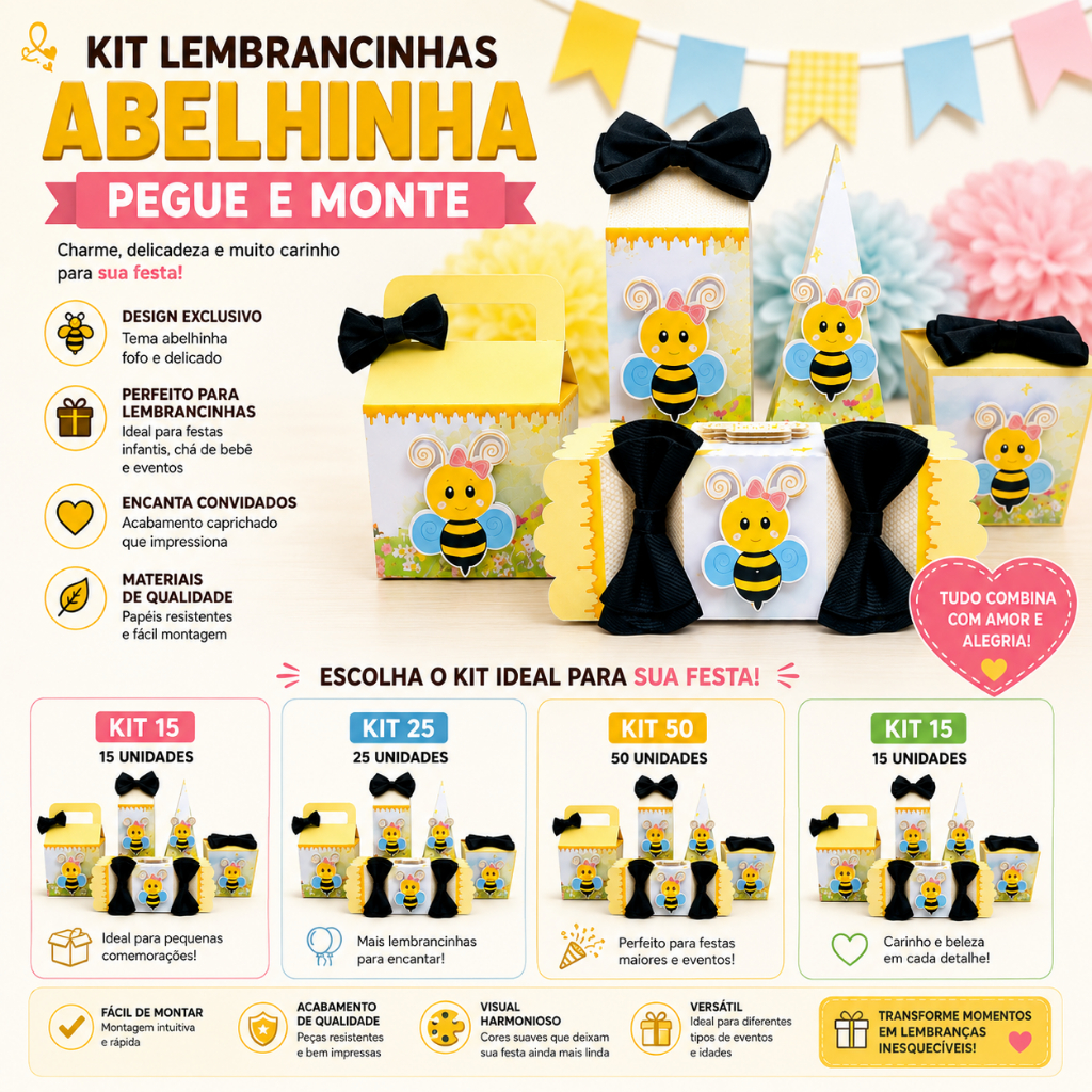 Kit Caixa personalizada 15/25/50 Aniversário abelhinha papelaria festa Milk Piramide Bala maleta lembrancinha