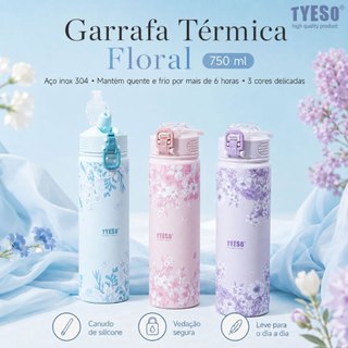TYESO Garrafa Térmica Floral 750ml Aço Inox 304 com Canudo À Prova de Vazamento Mantém Quente e Frio