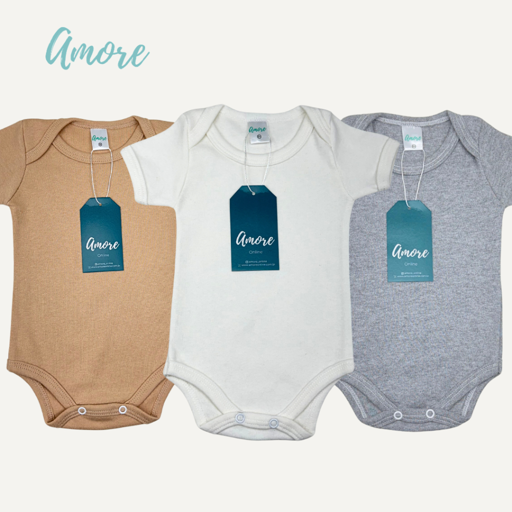 Roupa de Bebê Kit 3 Body Manga Curta Neutro Amore Menina Menino 100% Algodão