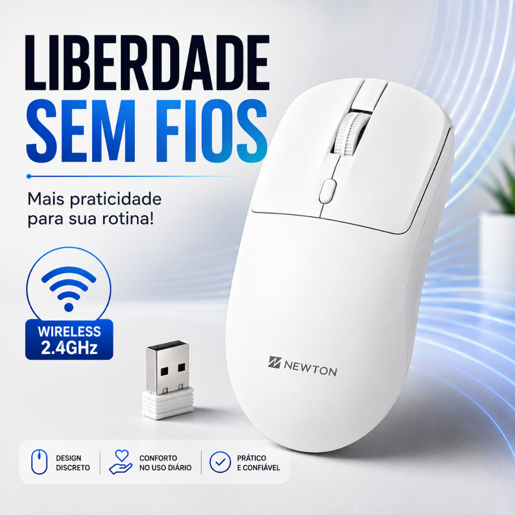 Mouse Sem Fio 2.4GHz com Receptor USB para Notebook PC 1200 DPI Branco Newton NMS-007