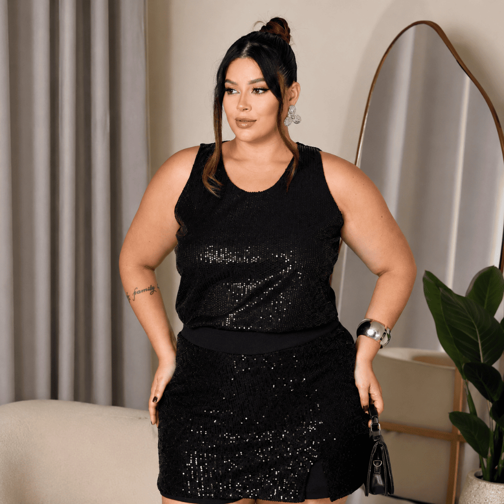 Conjunto Feminino Plus Size Regata e Short Saia em Paetê Tendência Fashion