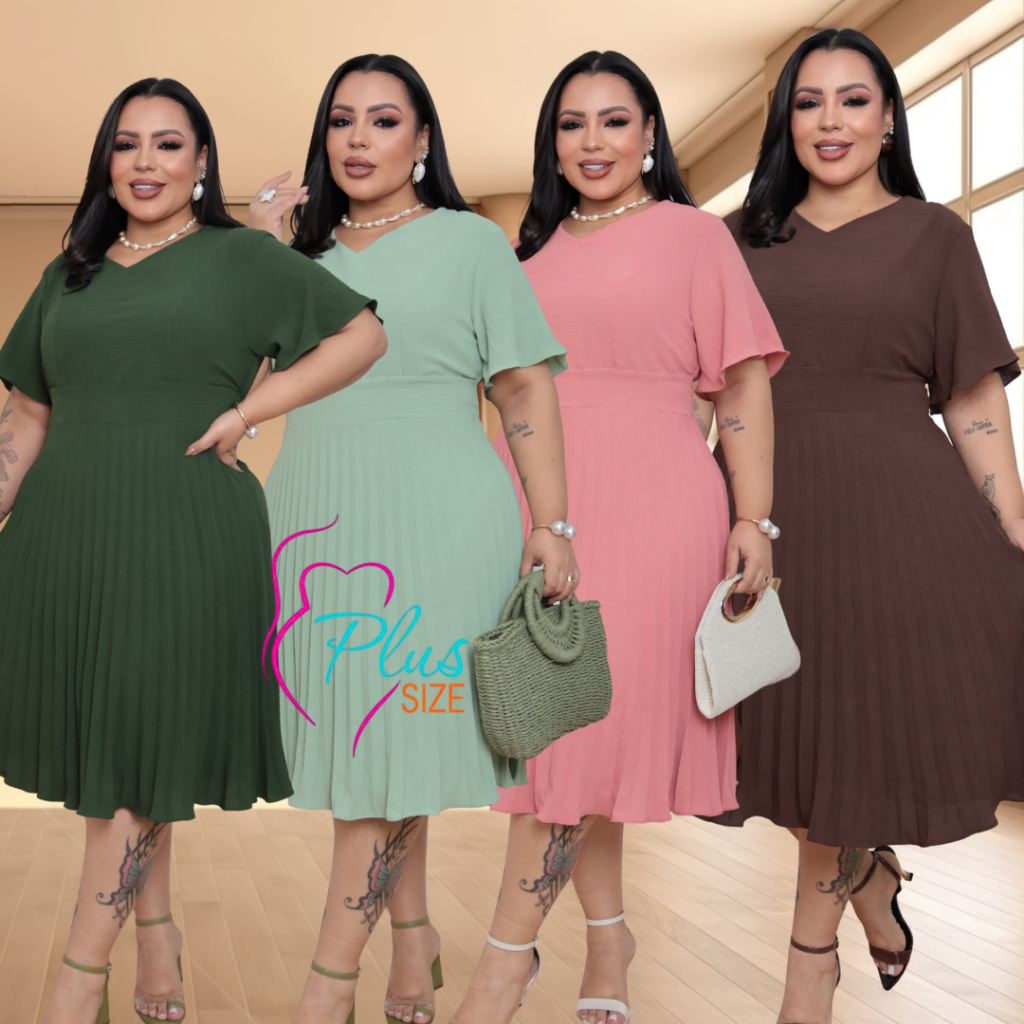 Vestido Midi Feminino Saia PLISSADO Plus Size com Lástex na Cintura nas Costas Moda Evangélica