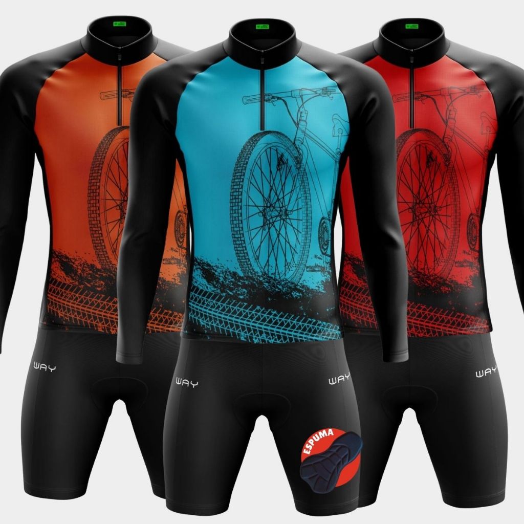 Roupa de Ciclismo Masculino Conjunto Ciclista Várias Cores Camisa Manga Longa In