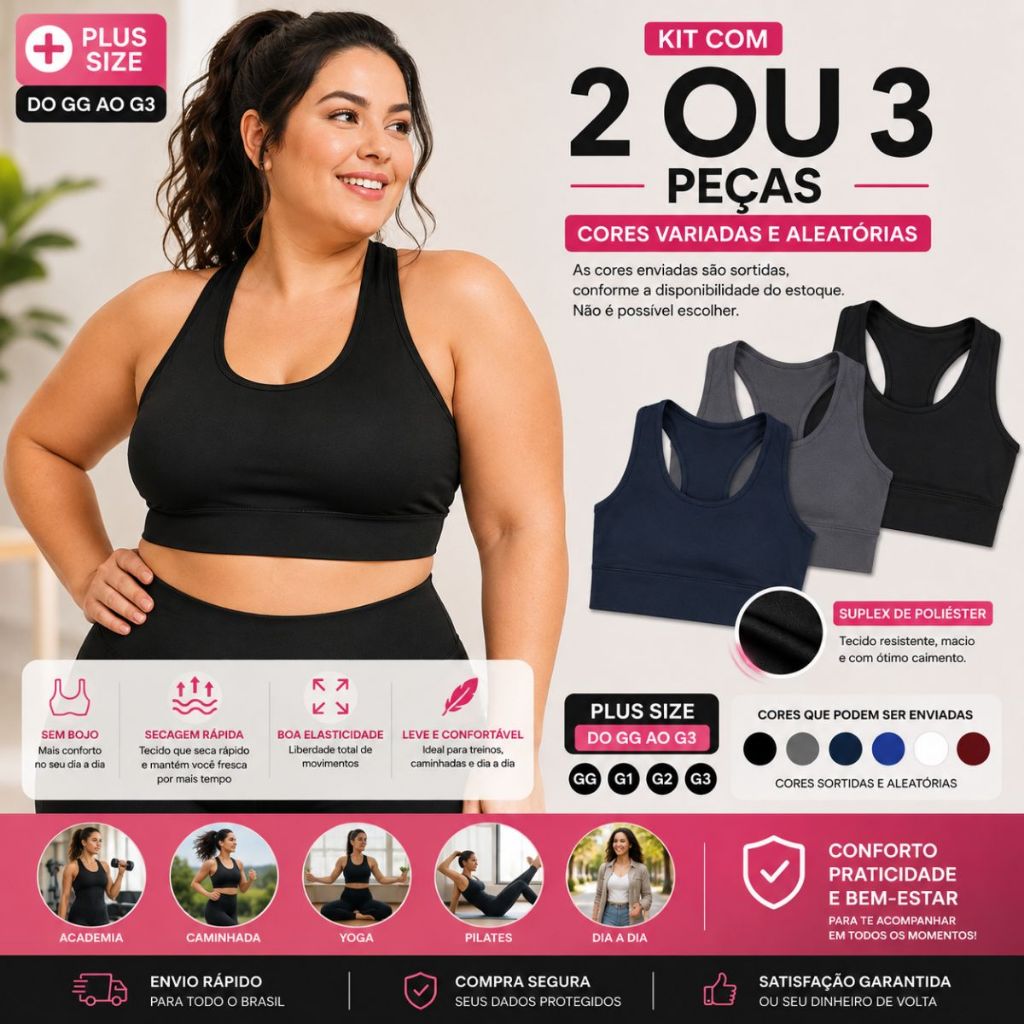 Kit 2 ou 3 Top Fitness Feminino Moda Plus Size Roupas Femininas