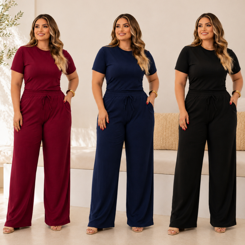 Conjunto de Verão Feminino Plus Size Elegante Calça Pantalona e Blusa de Manga Aerolook
