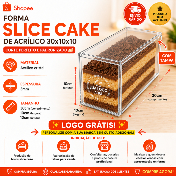 Forma Slice Cake Retangular de Acrílico 30x10x10 cm para Bolo em Fatias e Confeitaria