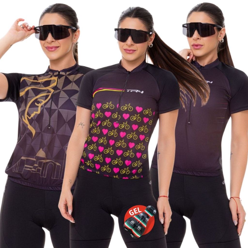 Conjunto Ciclismo Feminino com Camisa Várias Estampas Camiseta e Calça Forro Gel Uv50 Mtb