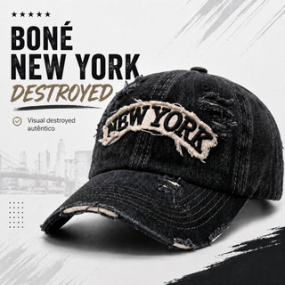 Boné Ny New York Destroyed Rasgadinho Lavado Estonado Clássico Bone Masculino Feminino Lançamento Fitão Ajustável