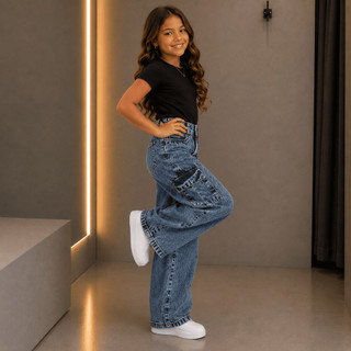 Calça Jeans Feminina Wide Leg Infantil Juvenil Tamanho 4 ao 16 Premium