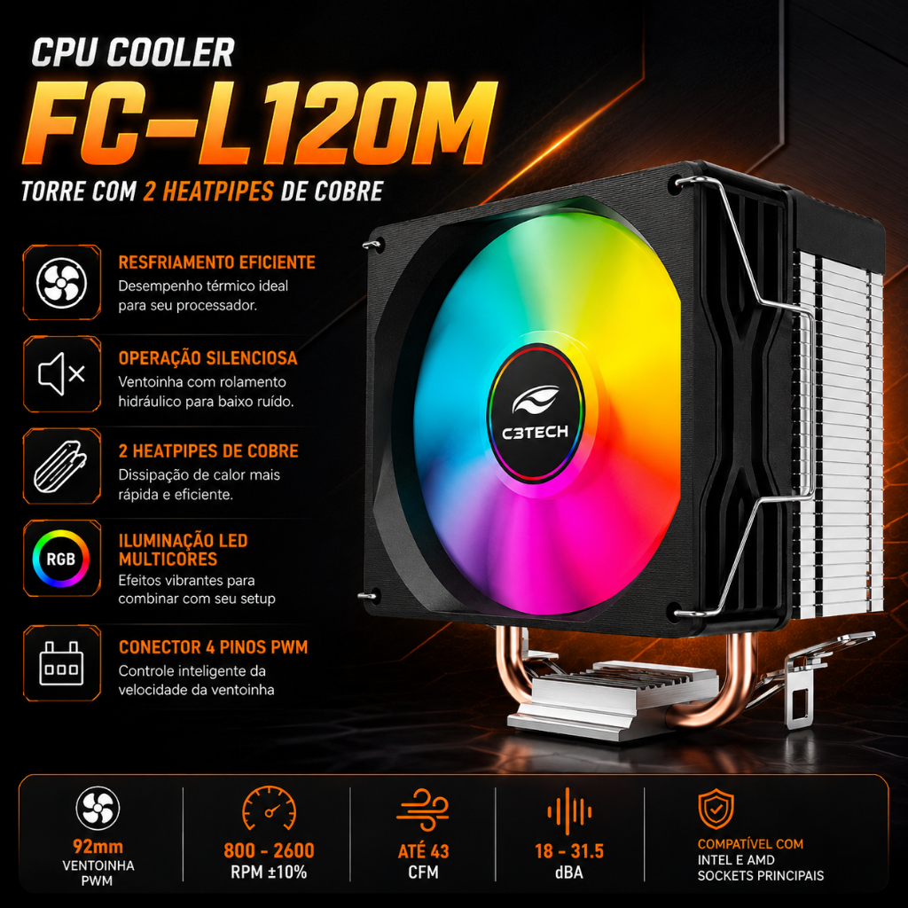 CPU Cooler Fan Para Processador Torre 2 heatpipes de cobre AMD e Intel FCL120M C3T Com Kit Intalação