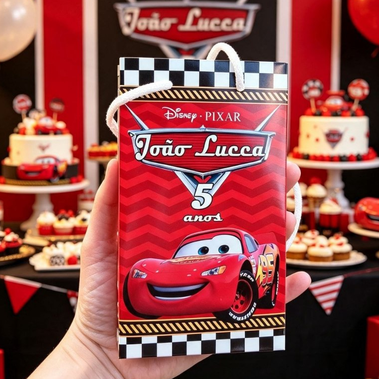 Sacolinha (P) Personalizada (10x16cm) festa Papel Fotográfico 180g - pegue e monte Tema CARROS RELAMOPAGO MACQUEEM